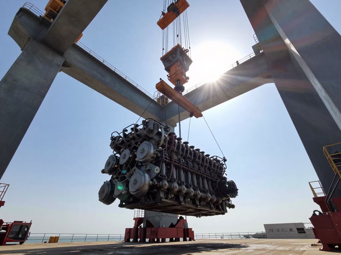 Crane Lowers Engine Block Into Hull in beside exposed structural steel in Gansu
