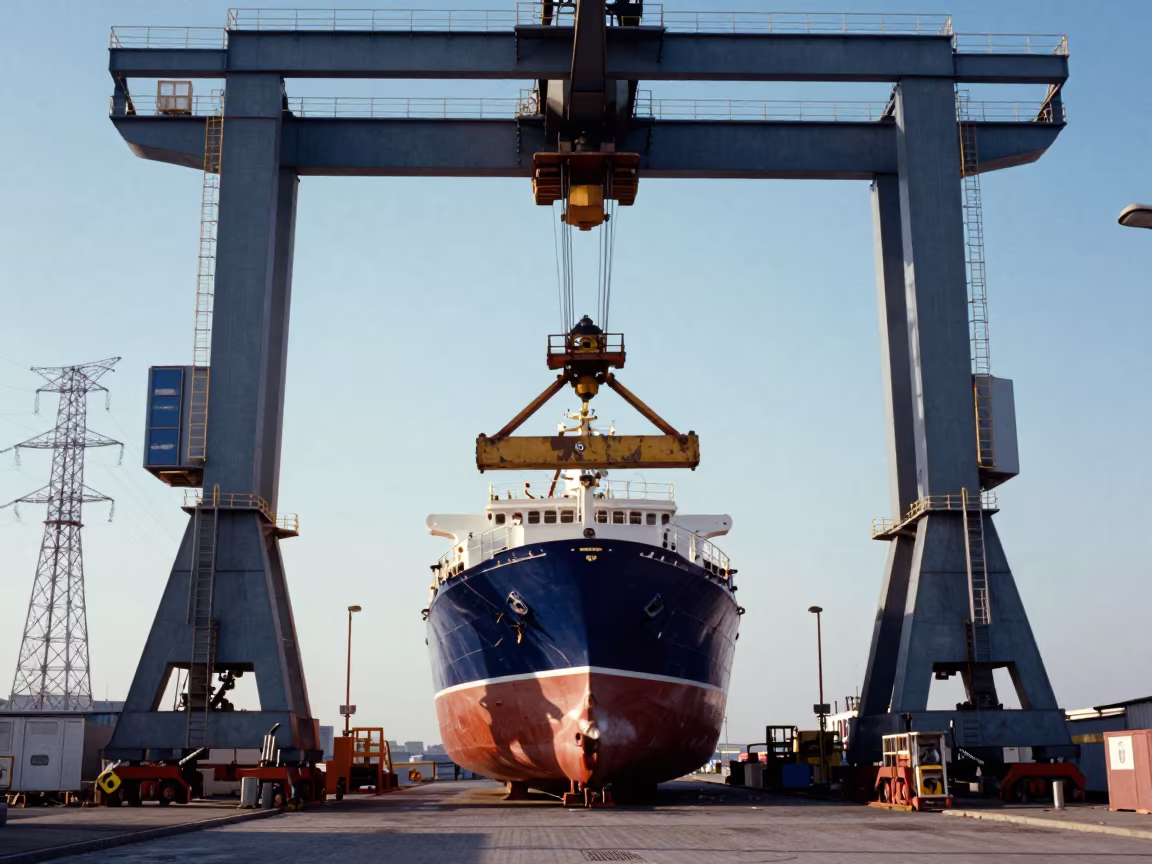 Crane Lowers Engine Block Into Ship Hull in under gantries and utility towers near Bucharest