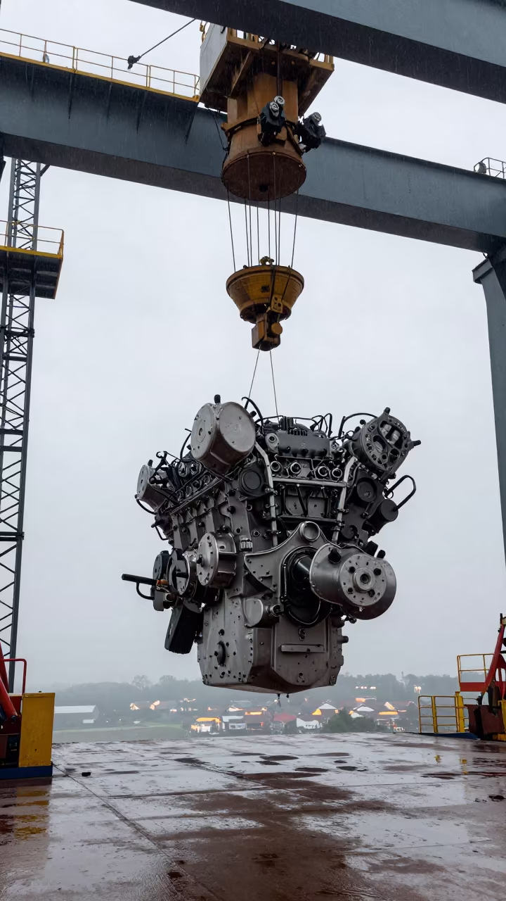 Crane Lowers Engine Block Into Ship Hull at Dusk in under gantries and utility towers near Carrefour