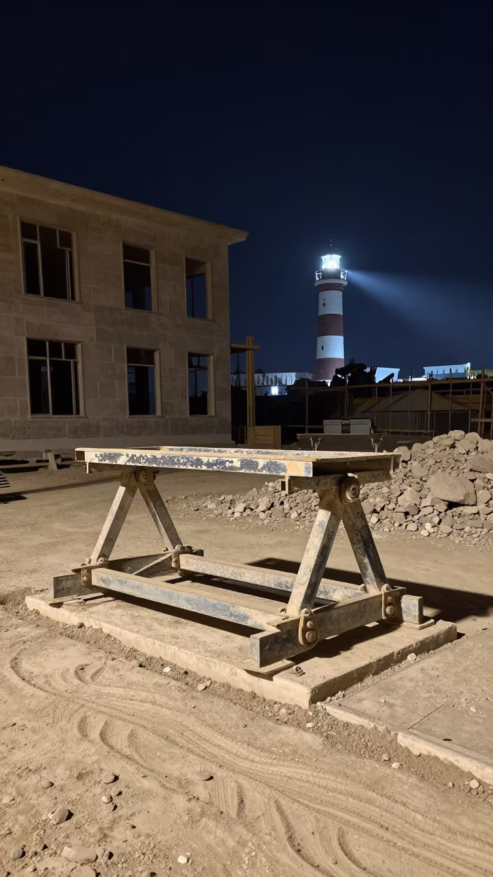 Crane Outrigger Pad Night Site Syria in beside a framed building shell in Syria