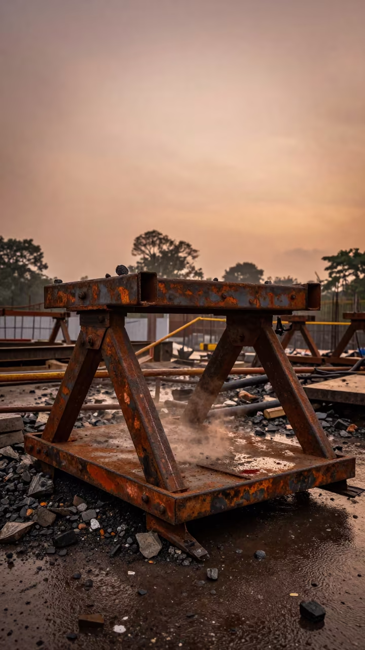 Crane Outrigger Pad Rack on Dusty Nagpur Deck in on an active construction deck in Nagpur