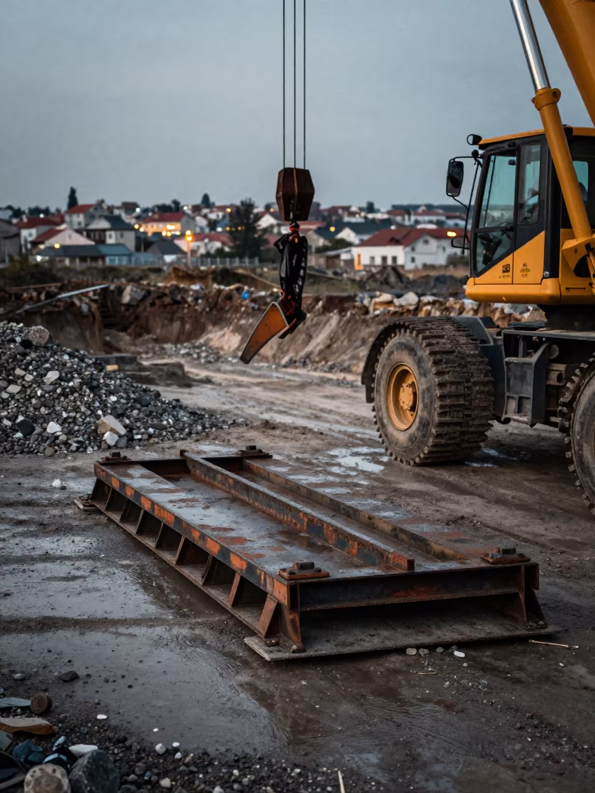 Crane Outrigger Pad Rack in Tokat Winter in inside a taped-off excavation edge near Tokat