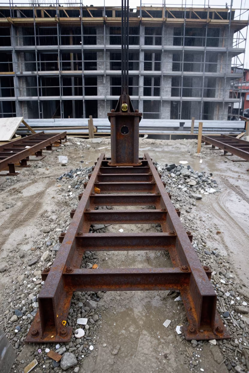 Crane Pad Rack Dust Erzurum Noon Fog in along a scaffolded facade in Erzurum