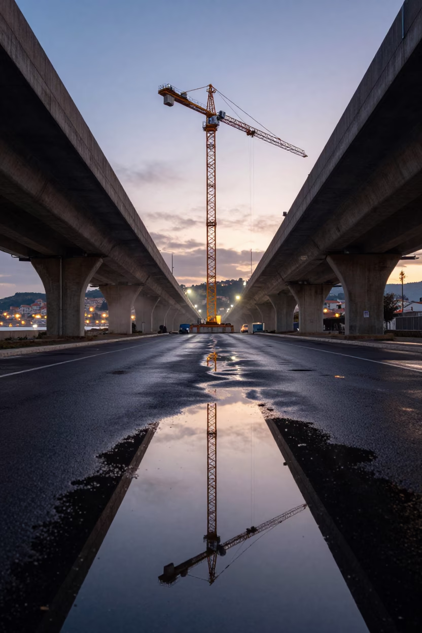 Crane Reflection in Dalmatian Puddle at Dusk in under gantries and utility towers in the Dalmatian Coast