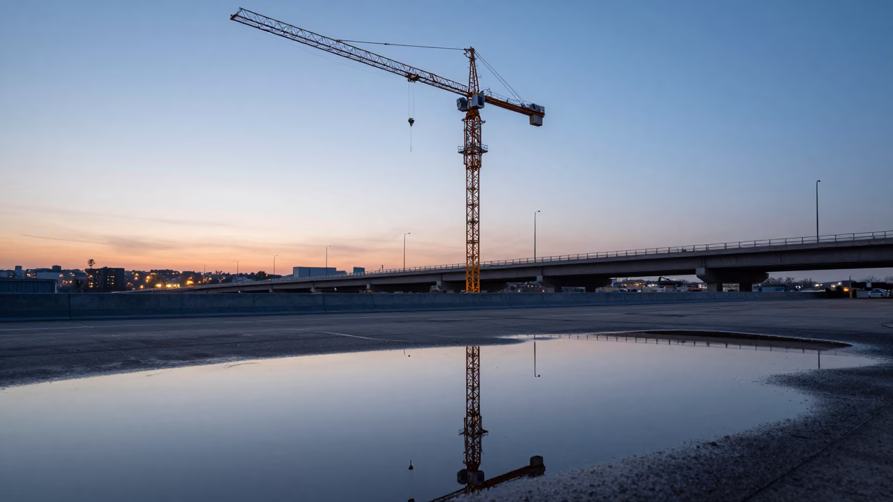 Crane Reflection in Puddle Over Alexandria Overpass in near Alexandria