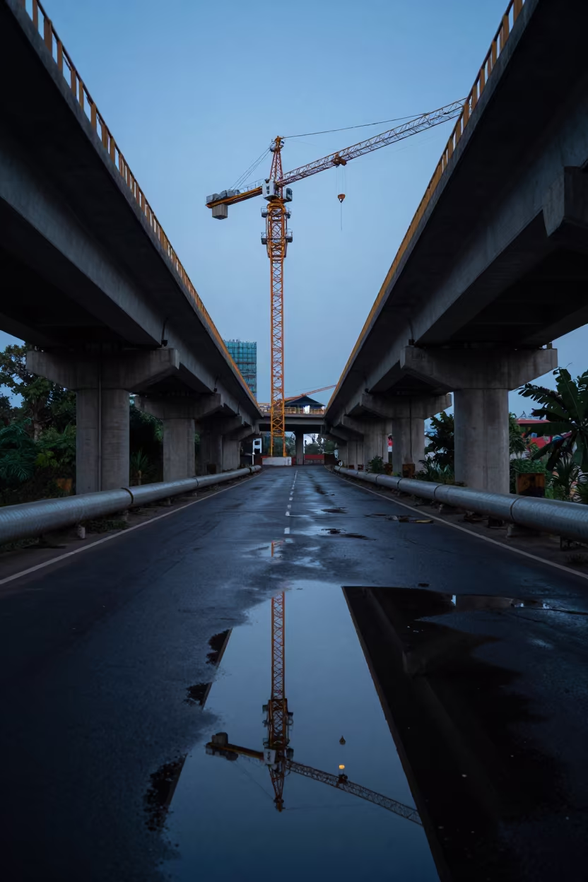 Crane Reflection Twilight Mizoram Puddle in along a service road lined with pipes in Mizoram