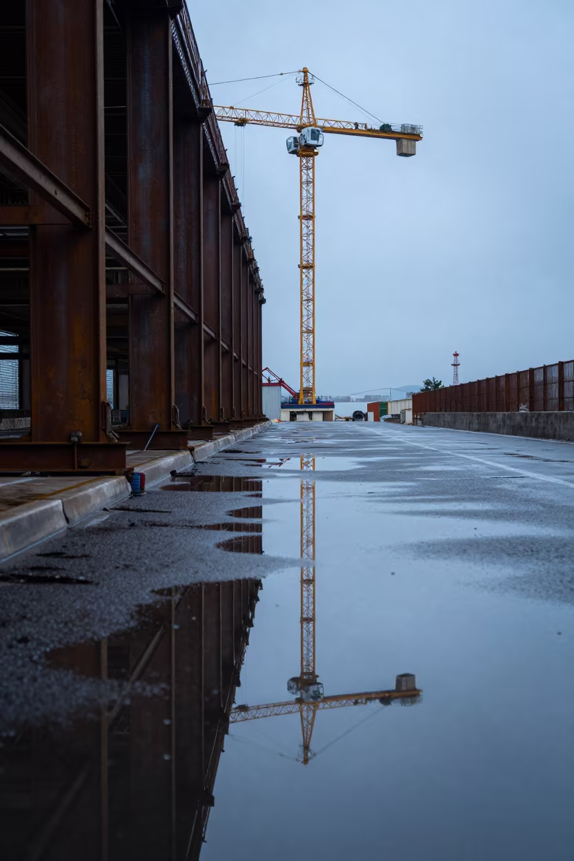Crane Reflection in Twilight Puddle in beside exposed structural steel in the Greek Islands