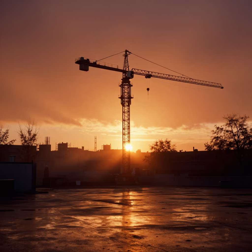 Crane Silhouette Against Amber Lyon Sunset in near Lyon