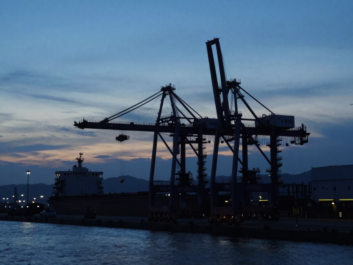 Crane Silhouettes in Kaohsiung at Nautical Dawn Light in in Kaohsiung, Taiwan