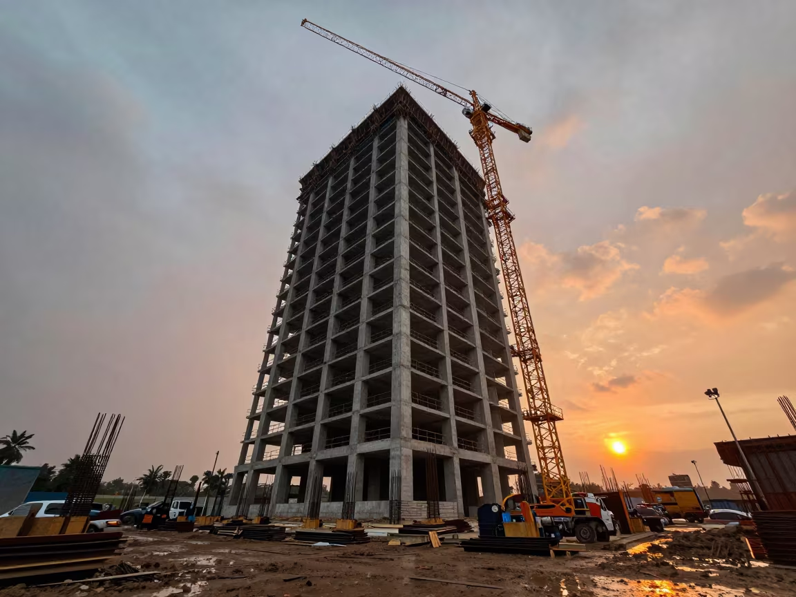 Crane Towering Over Unfinished Skyscraper at Sunset in across an active works site near Masvingo