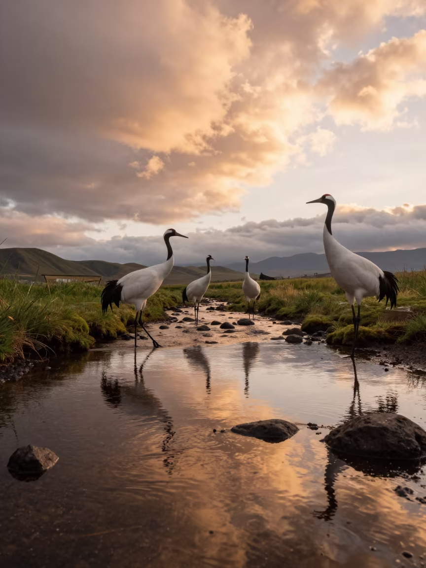 Cranes Reflected in Hokkaido Stream in above a glacial stream in Hokkaido