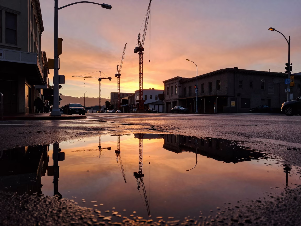 Cranes Reflected in San Francisco at Copper-toned Light Before Dusk in in San Francisco, California, United States