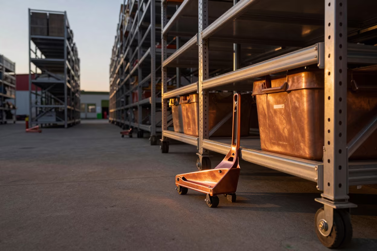 Crank Bin Before Trailer Arrives in Krakow Warehouse in inside a warehouse aisle in Krakow