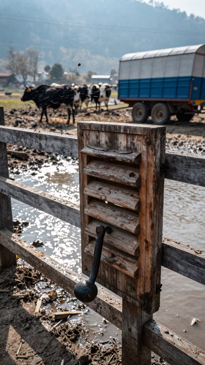 Crank Board Ventilation Before Winter Livestock Chores in along a muddy paddock fence in Uttarakhand