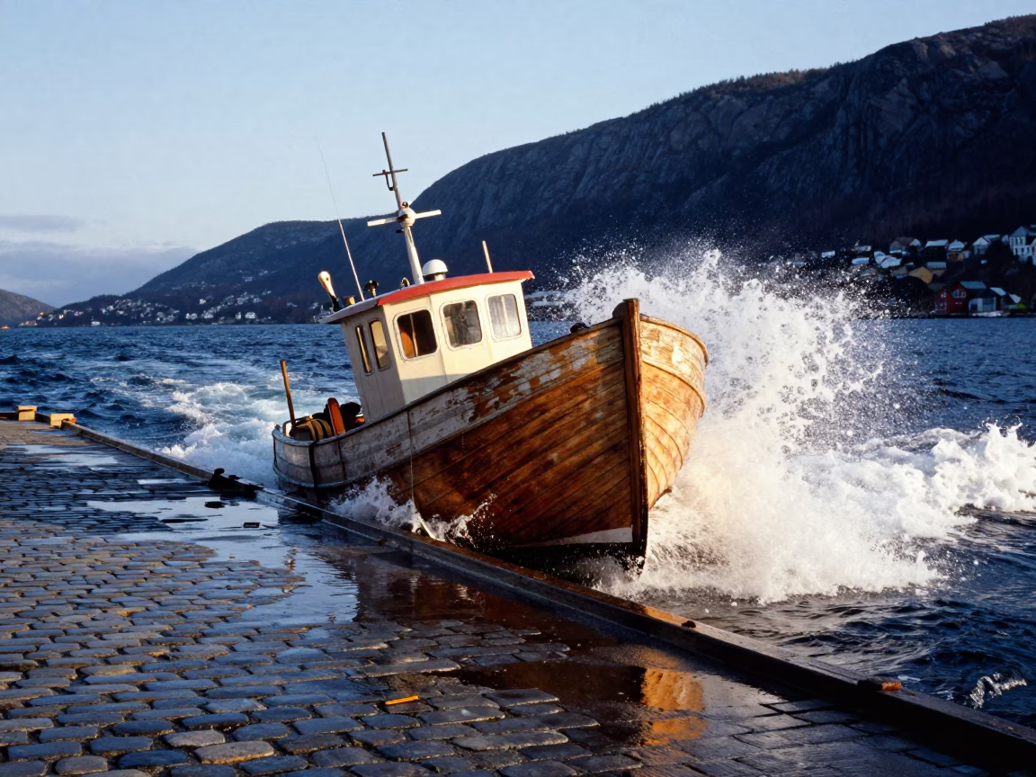 Crashing Surf in Bergen at The Late Morning Light in in Bergen, Norway