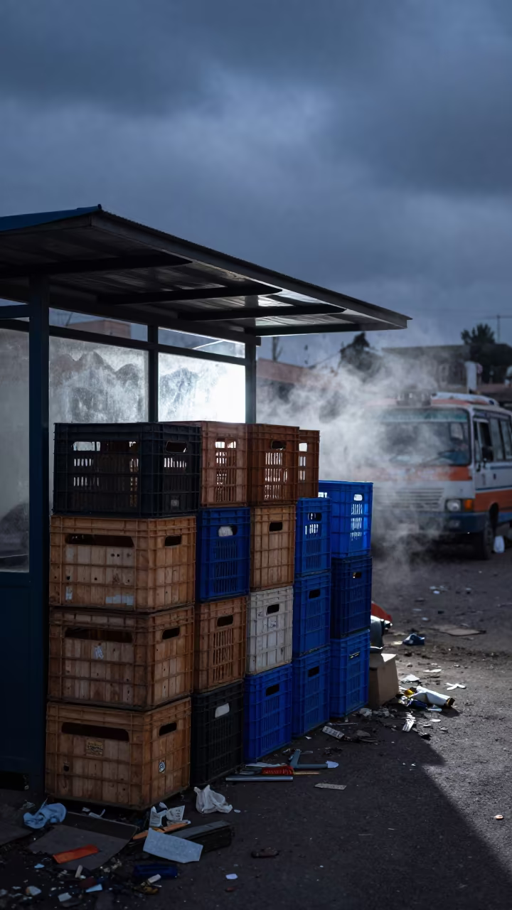 Crate Stacks Under Winter Clouds Kasur in beside a steamed-up bus shelter in Kasur