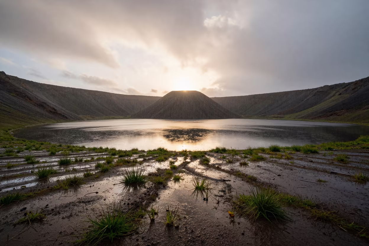 Crater Lake Reflecting Cone at Dawn in across a floodplain after rain near Tétouan