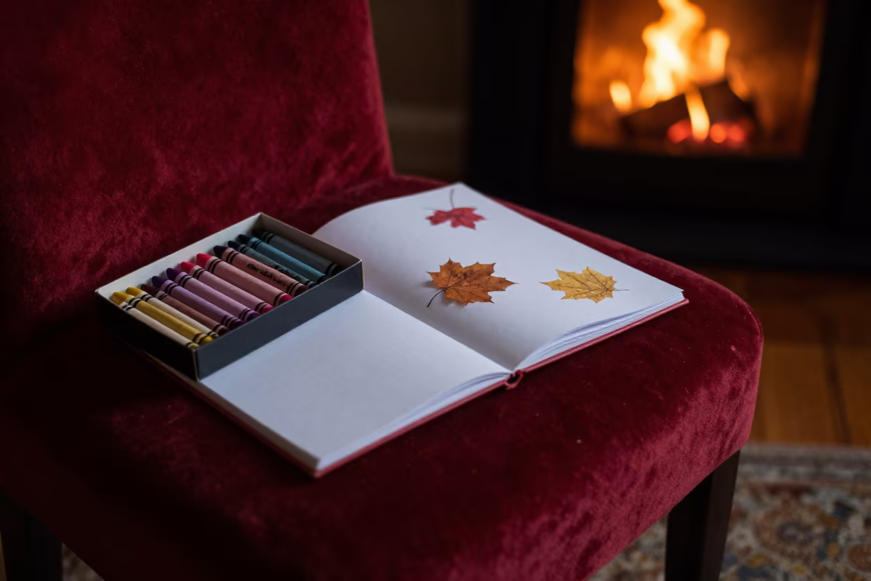 Crayons and Sketchbook on Velvet Chair in on a velvet chair near Manama
