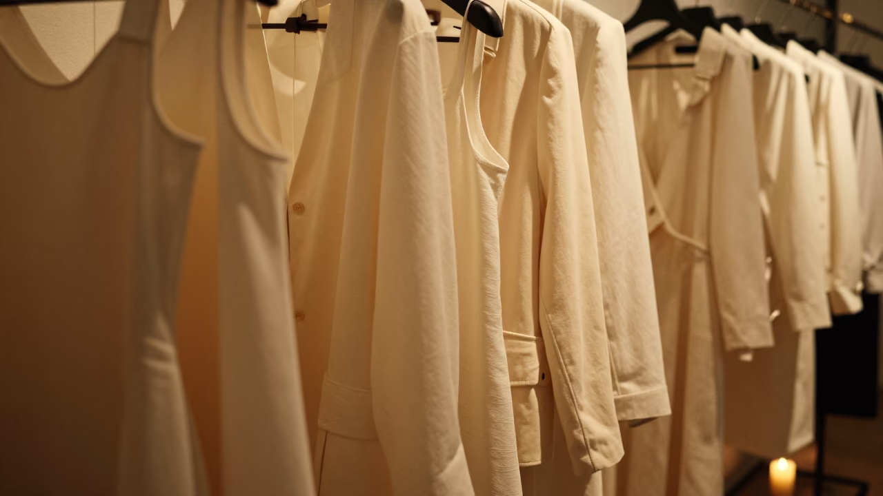 Cream Garments Reflect in Runway Mirror in under runway rehearsal lights near Ningbo