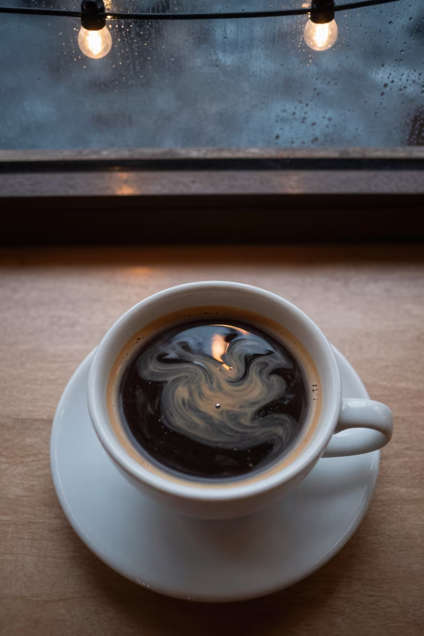 Cream swirls in black coffee on cafe table in on a small cafe table by a window in Myeik