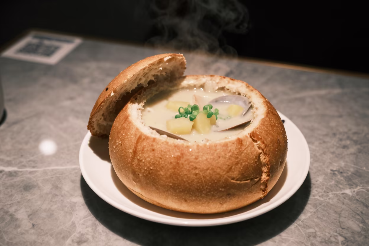 Creamy Clam Chowder Bread Bowl Midnight in on a marble cafe table in Chongqing