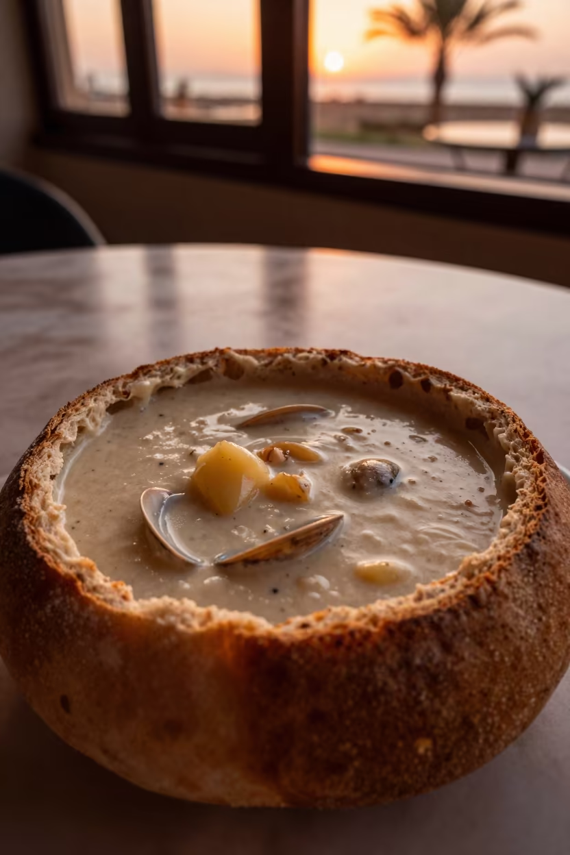 Creamy Clam Chowder in Bread Bowl in on a marble cafe table in Suez
