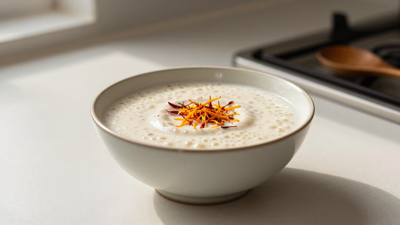 Creamy Kheer Bowl With Saffron Strands in on a kitchen worktop in Portland