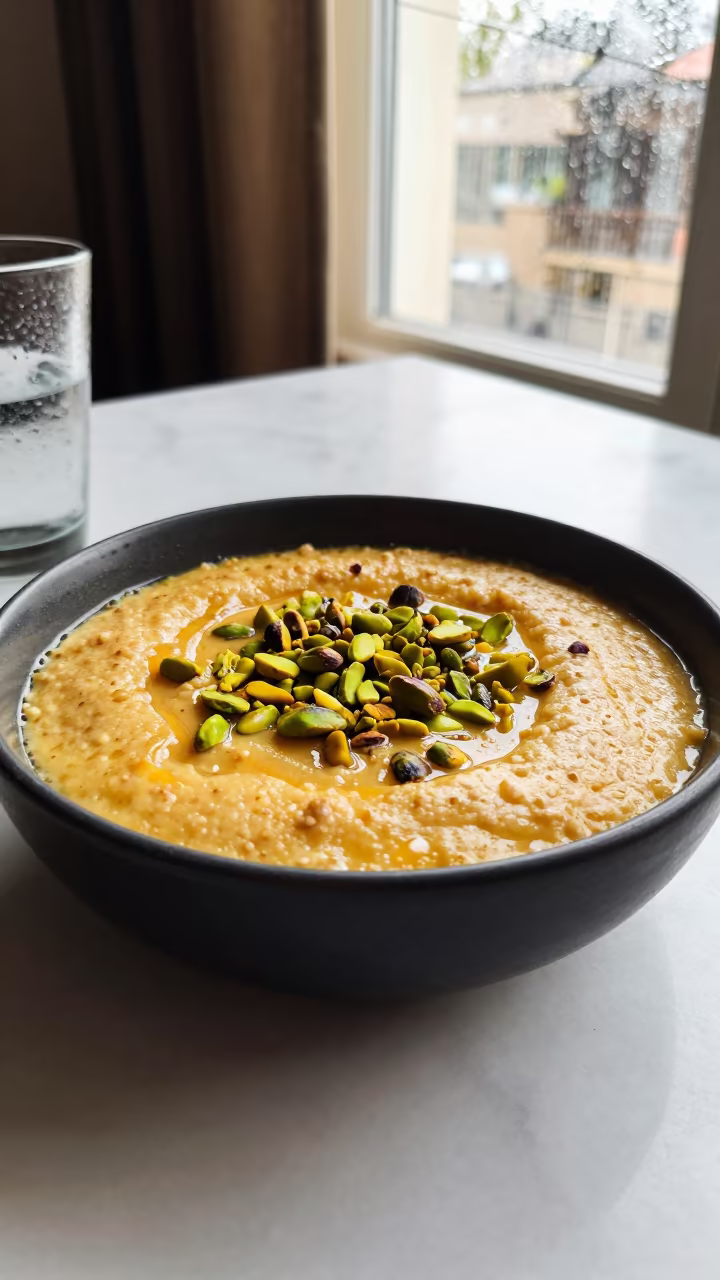 Creamy Kheer Sagar with Pistachios on Marble in on a marble cafe table in Tanga