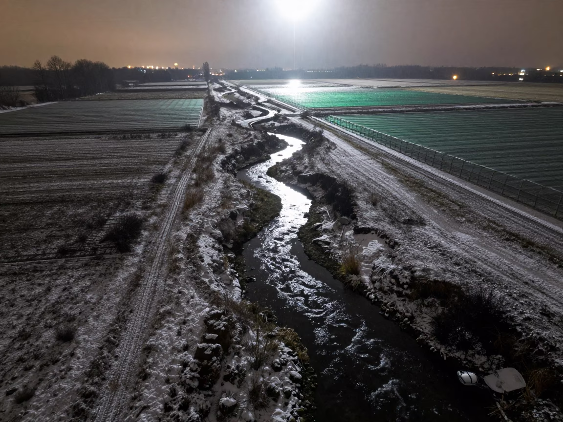 Creek Winding Through Snowy Meadow Near Chad in high over greenhouse grids in Chad
