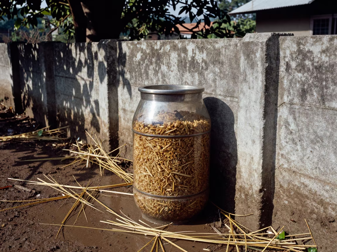 Creep Feed Jar Stand Damp Concrete Straw in along a muddy paddock fence in Meghalaya