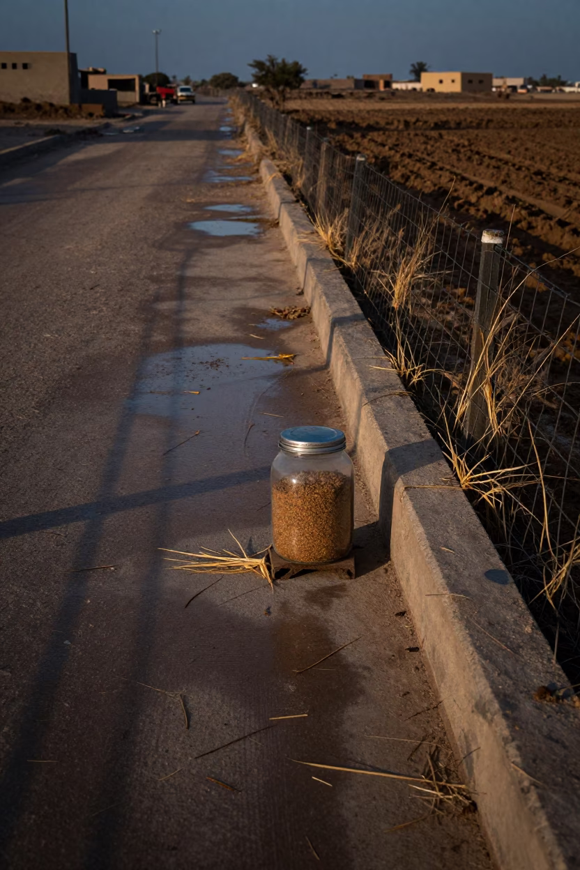Creep Feed Jar Stand in Libyan Paddock in along a muddy paddock fence in Libya