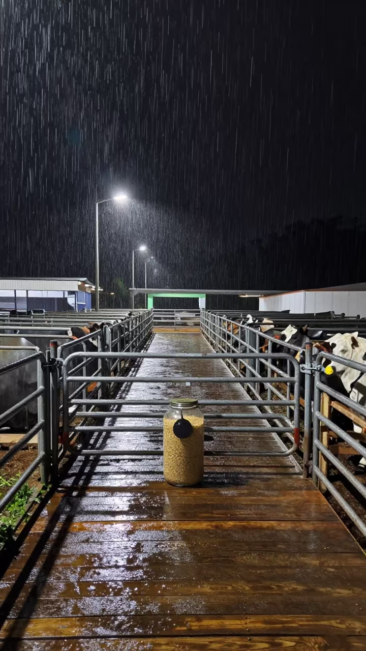 Creep Feeder Gate Clip Jar Night Rain Stockyard in at a stockyard loading ramp in Amazonas