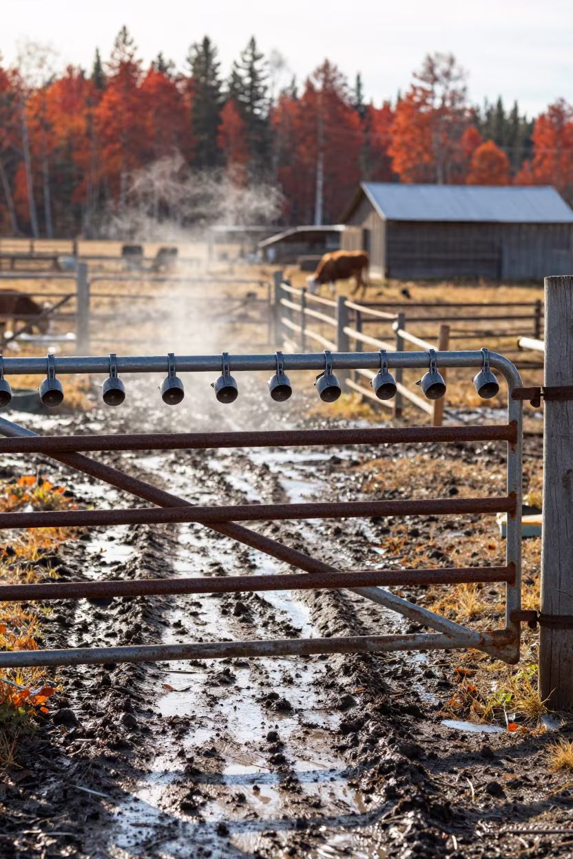 Creep Feeder Gate Clip Jar Urals Autumn in along a muddy paddock fence in the Urals