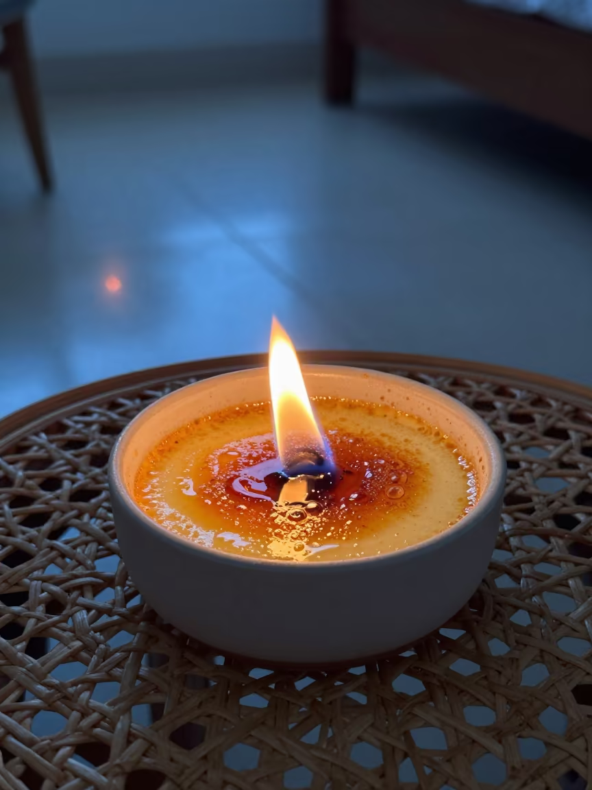 Crème Brûlée Torched on Lombok Bedside Table in on a bedside table near Lombok
