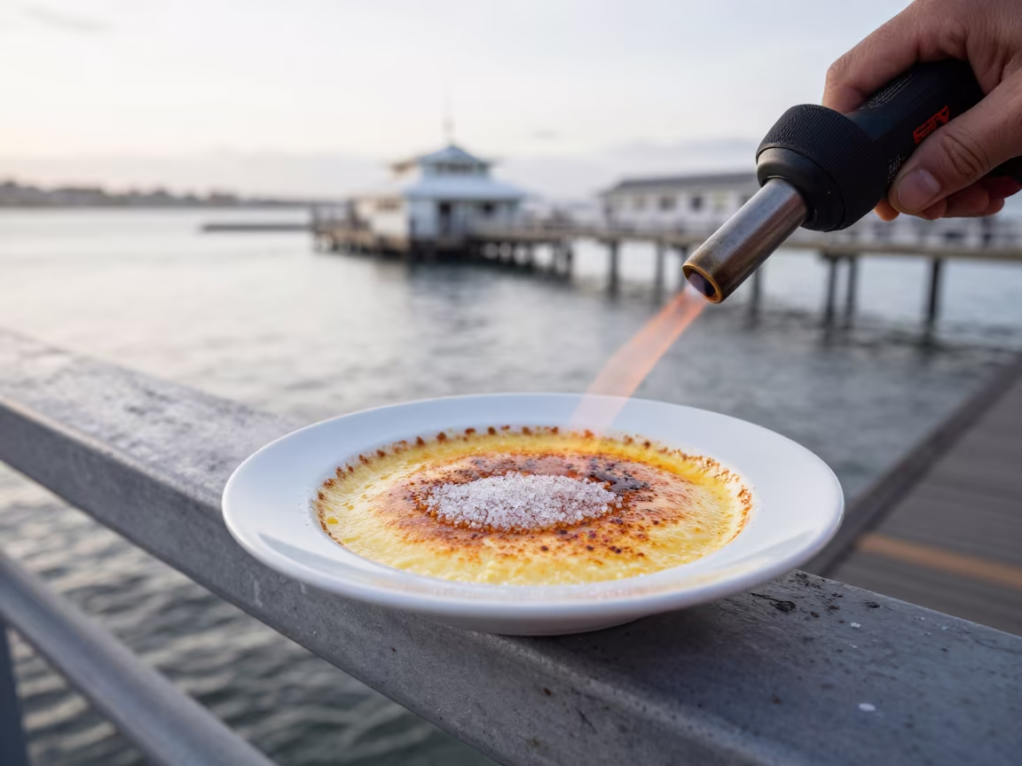 Crème Brûlée Torched on Port Elizabeth Pier Railing in on a pier railing in Port Elizabeth