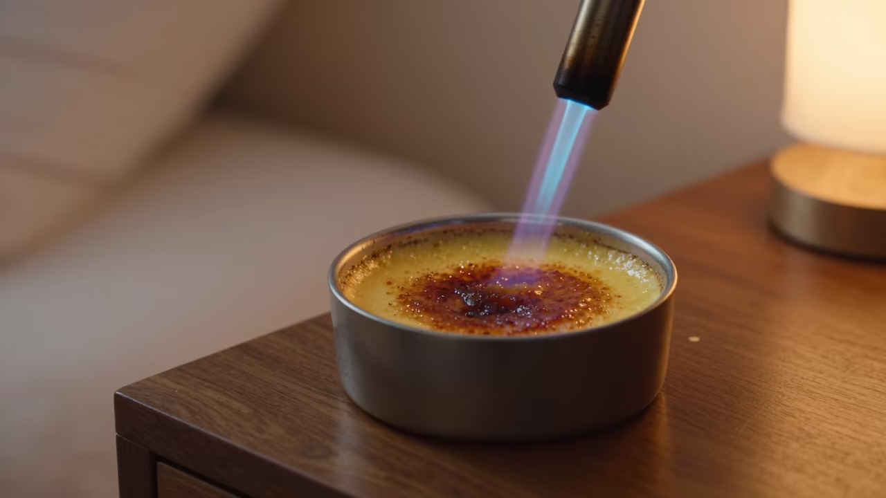 Crème Brûlée Torched in Sunset Light in on a bedside table in Santa Clara