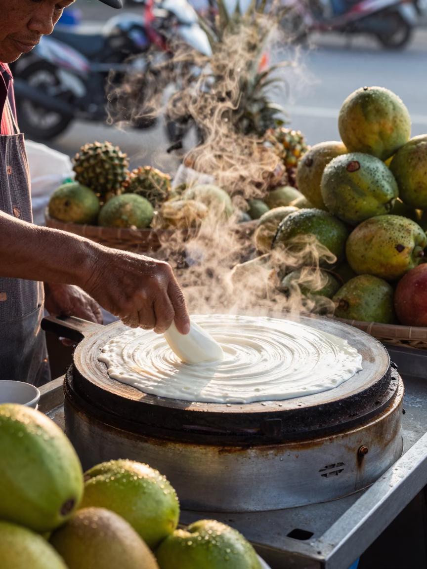 Crepe Vendor at Dawn Krabi Market in at a roadside fruit stand in Krabi