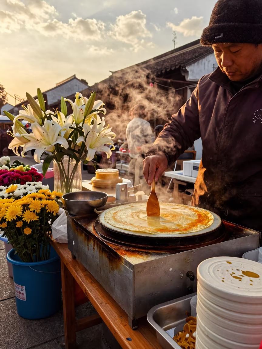 Crepes Flipped at Suzhou Flower Auction in at a flower auction bench in Suzhou