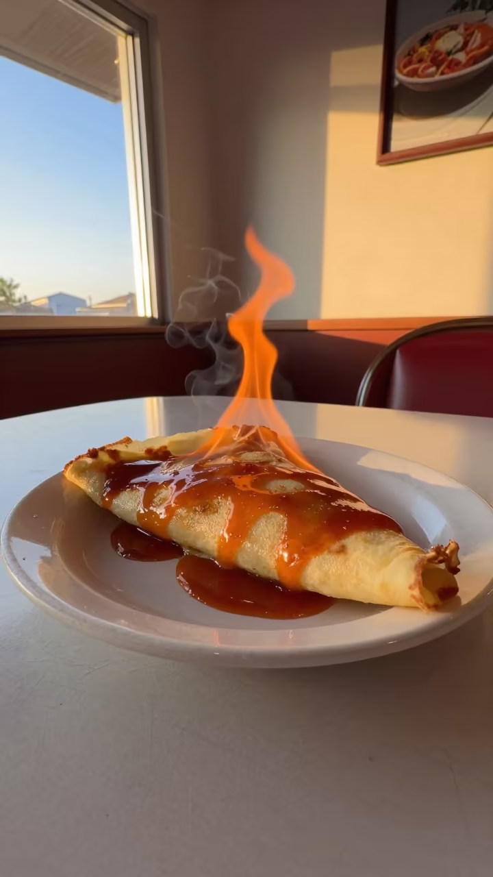 Crepes Suzette Flaming at Rohtak Diner in at a roadside diner table in Rohtak