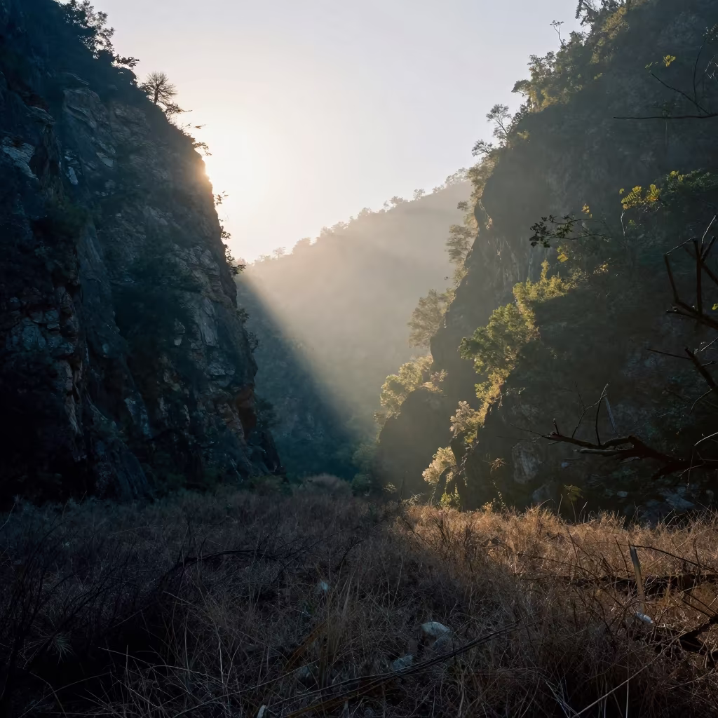 Crepuscular Rays Over Mexican Canyon Morning in across a storm-bright plain in Mexico