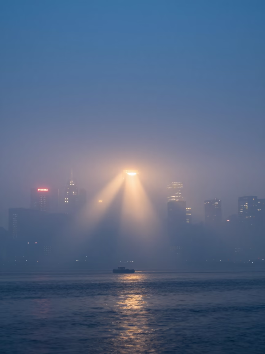 Crepuscular Rays Through Marine Fog Over Shanghai in through low marine fog near Shanghai