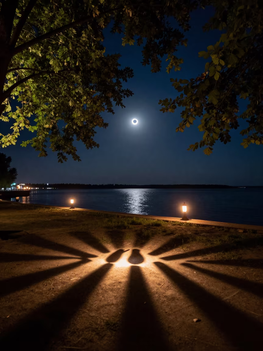Crescent Eclipse Shadows Under Harbor Tree at Night in beside a lantern-dotted harbor near Semey