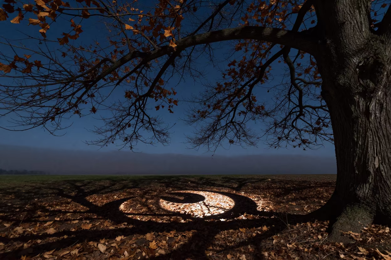 Crescent Eclipse Shadows Under English Autumn Tree in under the clearest stretch of sky in England