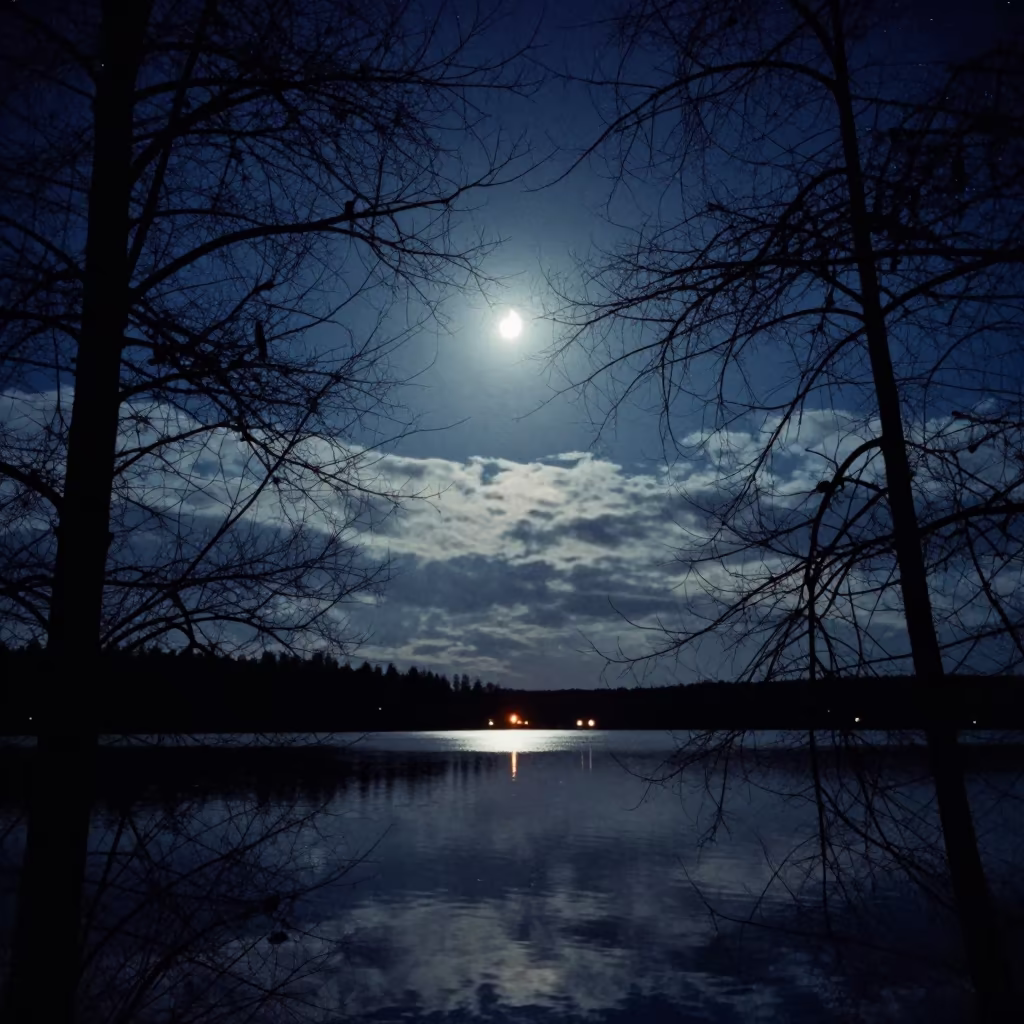 Crescent Moon Through Bare Branches in beneath thin cloud gaps and stars near Vantaa