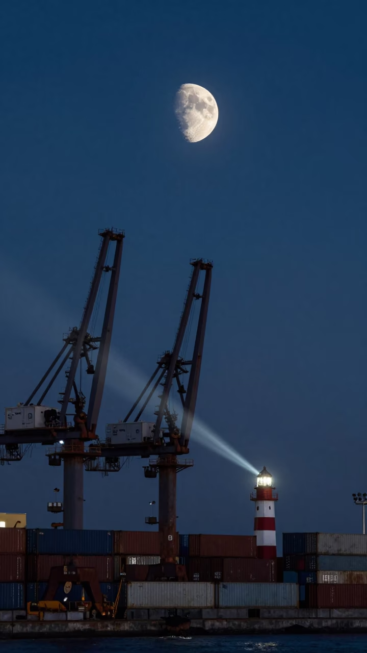 Crescent Moon and Cranes at Havana Port in on a wind-scoured ridge near Havana
