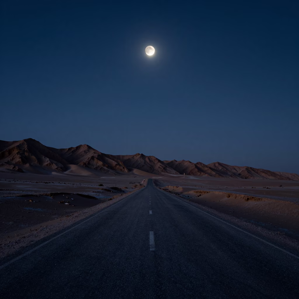 Crescent Moon Over Desert Road Sinai Night in from a frost-hushed ridgeline in Sinai