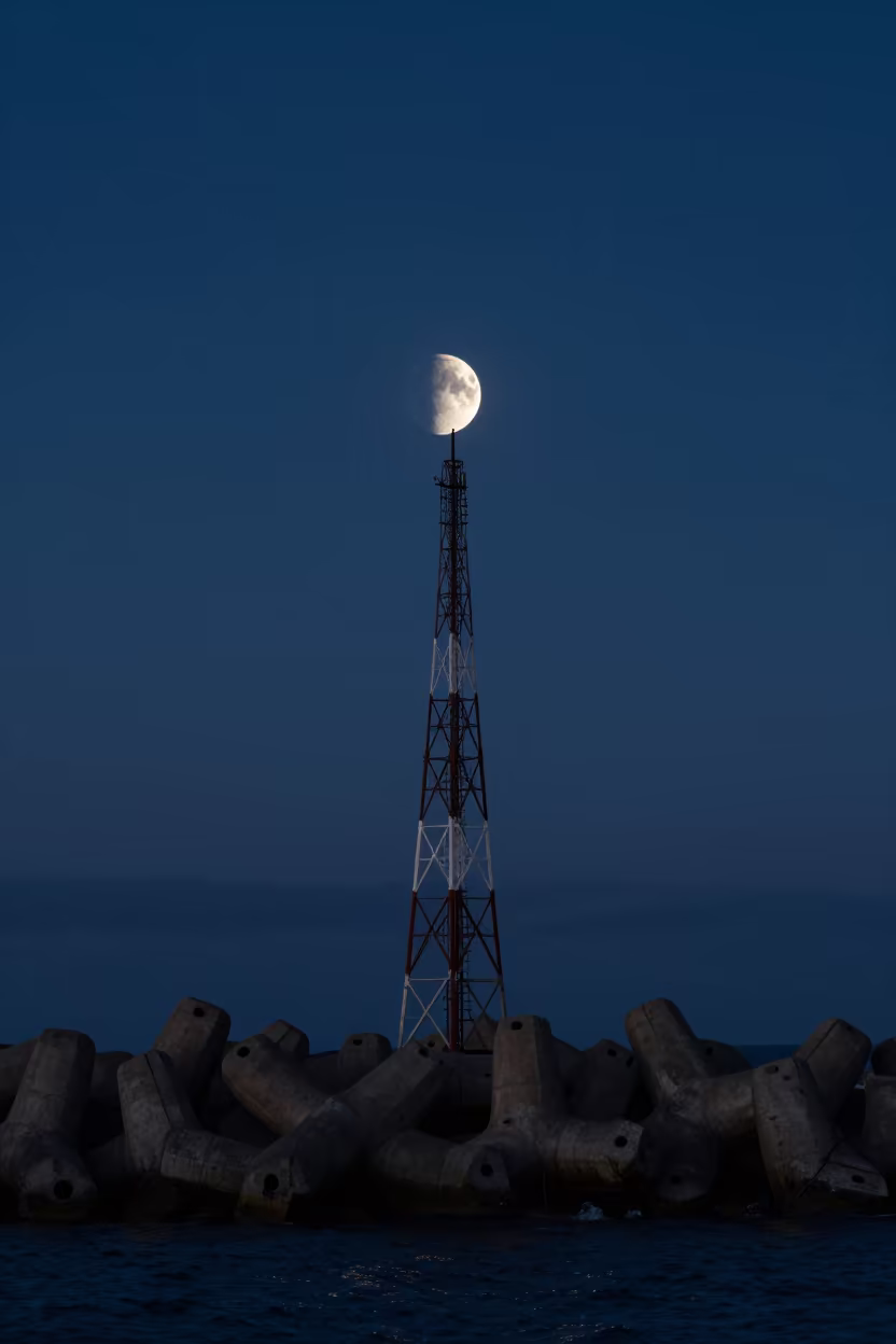 Crescent Moon Over Madagascar Radio Tower in from a moonlit breakwater in Madagascar