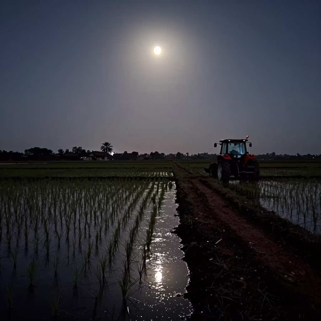 Crescent Moon Over Madagascar Rice Paddy in beside a tractor track through dark soil in Madagascar