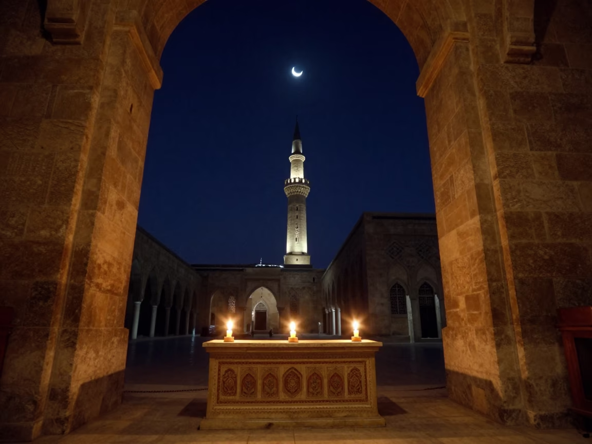 Crescent Moon and Minaret in Coptic Cairo Night in at the foot of a stone altar in Coptic Cairo, Cairo