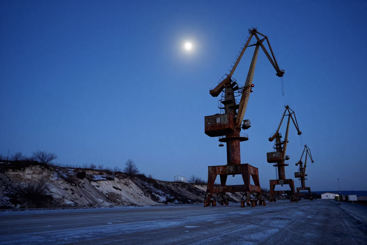 Crescent Moon Over Cranes at Winter Port in on a wind-scoured ridge near Varos, Split
